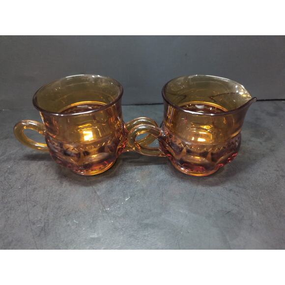 Indiana Glass Amber Kings Crown Creamer And Open Sugar Bowl, Vintage Yellow Glas - Picture 5 of 9